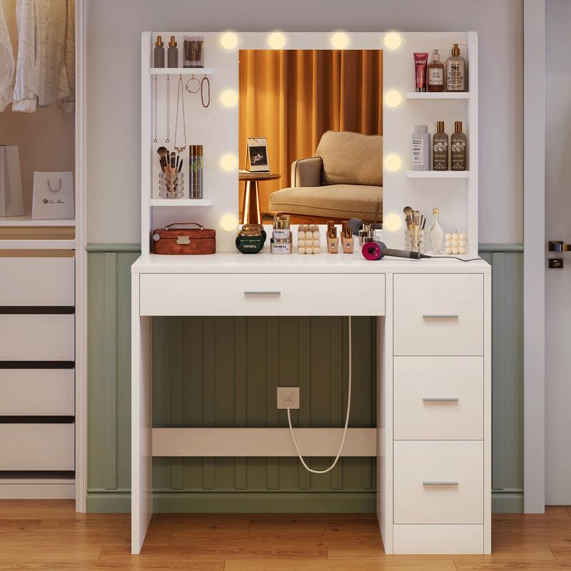 Moderno Tocadores De Maquillaje con espejo y luz,  con enchufe, mesa de tocador 4 cajones, 4 baldas abiertas, 5 ganchos para joyas, para dormitorio, blanco