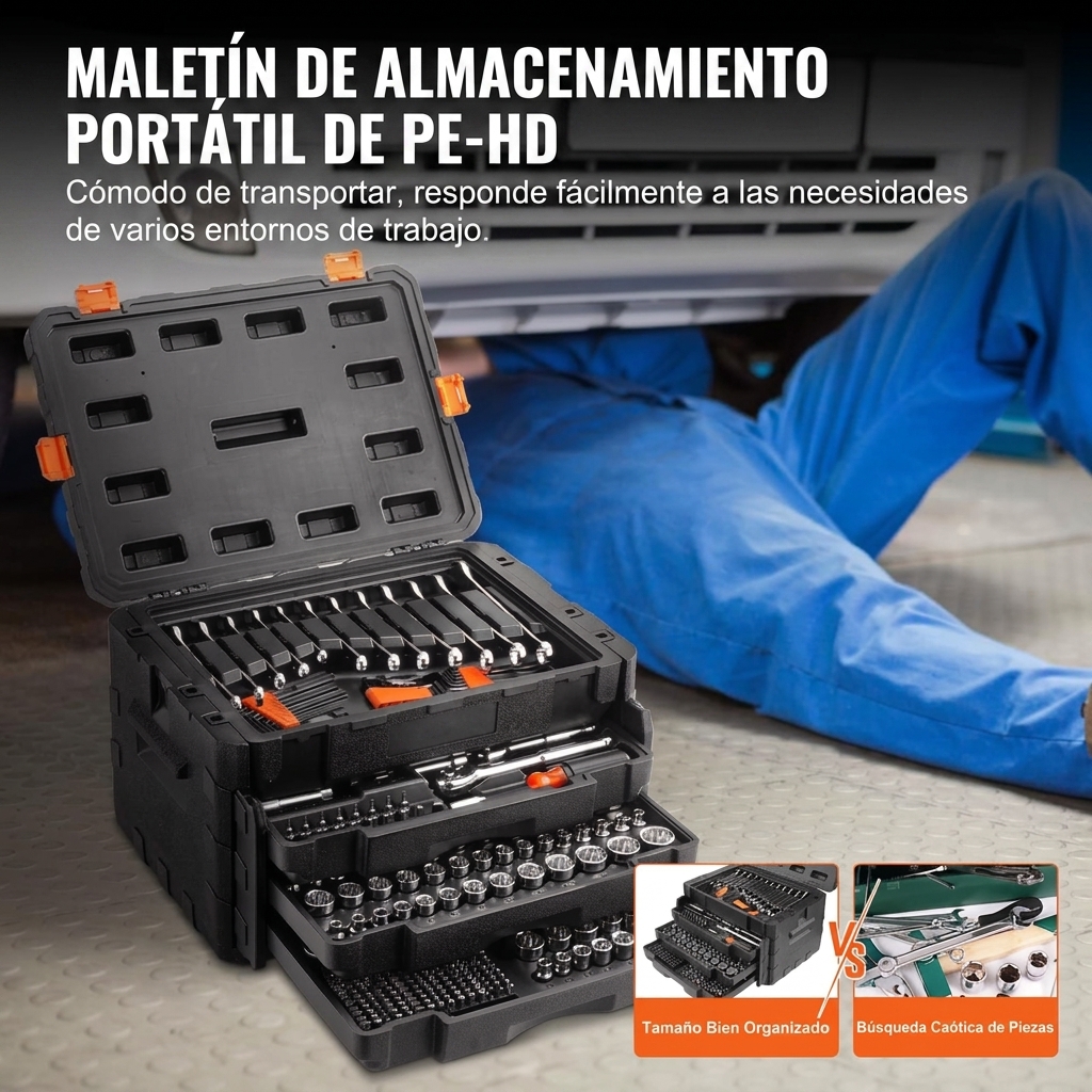 Envío gratis - Juego de herramientas y llaves de vaso para reparación de automóviles - Incluye 450 piezas (en medidas imperiales y métricas) de llaves de vaso profundas y estándar de 1/4", 3/8" y 1/2", con puntas, llaves hexagonales, llaves combinadas y d