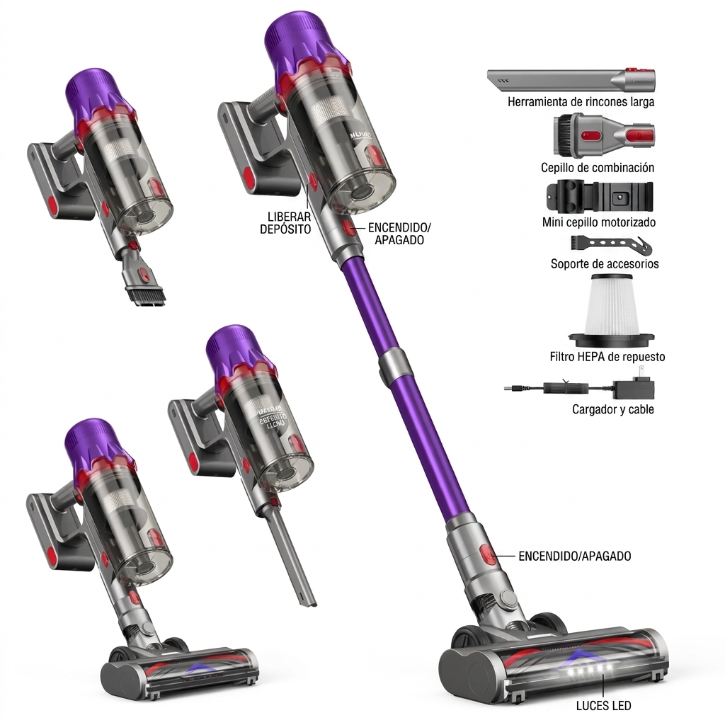 [Lanzamiento de nuevo producto en 2026] Aspiradora inalámbrica multifuncional, 45 minutos de autonomía, 180 W de potente succión, aspiradora de mano vertical, equipada con filtro HEPA, ligera y portátil, potente succión, cabezal de cepillo antienredos, lu