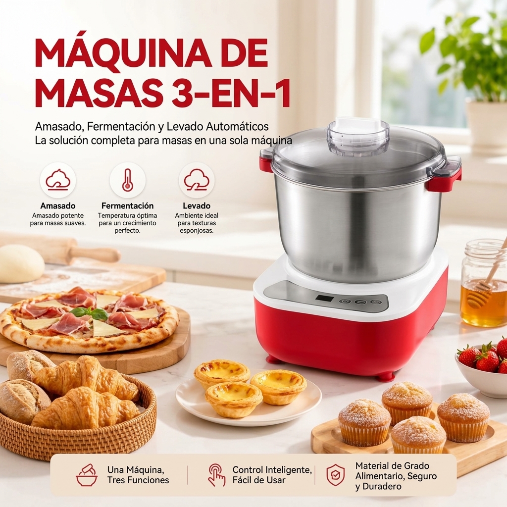Máquina para Hacer Masa de Pizza y Pan, Amasadora Eléctrica 7L con Función de Fermentación, Bol de Acero Inoxidable 304, Tapa Extraíble y Panel Táctil, Ideal para Pizza Casera**