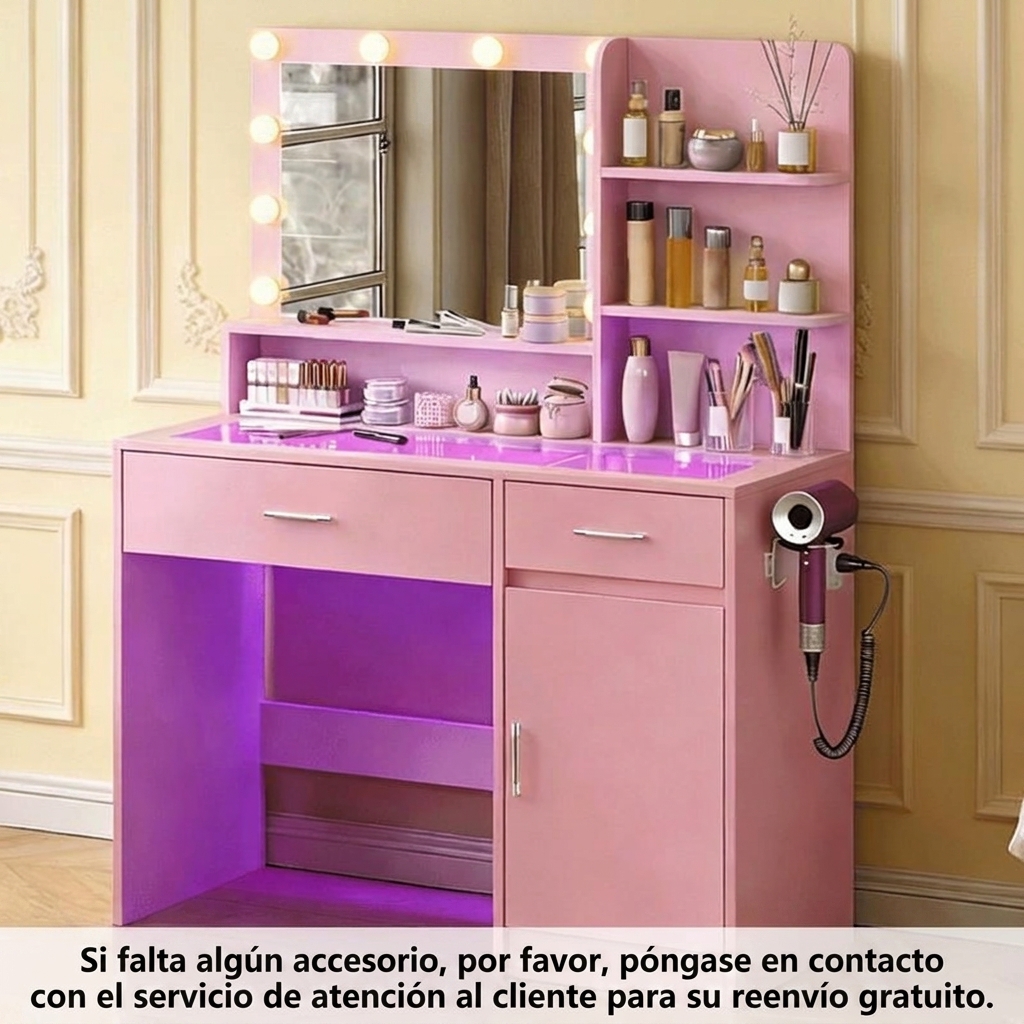 Tocador multifuncional con espejo, 3 modos de iluminación, 10 luces LED alimentadas por USB, tocador de 40 pulgadas, superficie de vidrio y toma de corriente, 36 modos de iluminación, cajones RGB ajustables, cómoda blanca para dormitorios de mujeres/niñas