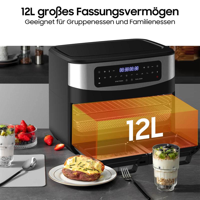 Freidora de aire XXL 12L con doble zona – 2600W Airfryer | Divisor extraíble y ventana de visualización | 10 programas automáticos con pantalla táctil LED | BBQ saludable sin aceite – Negro