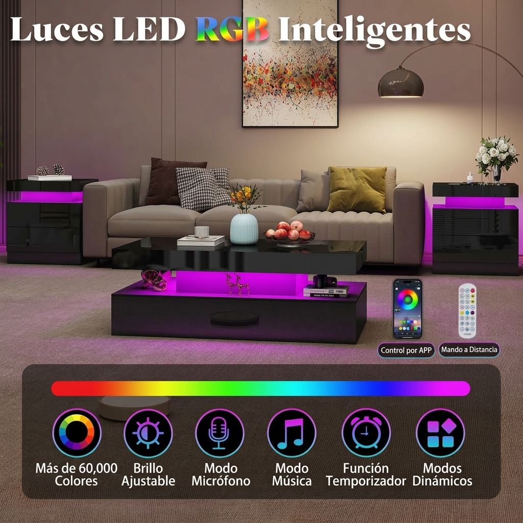 Pack de 2 Mesitas de Noche con LED y Estación de Carga, Mesillas Modernas con Luces RGB Controladas por App y Mando a Distancia, Cajones de Almacenamiento, Mesitas Auxiliares para Dormitorio, Salón o Sofá