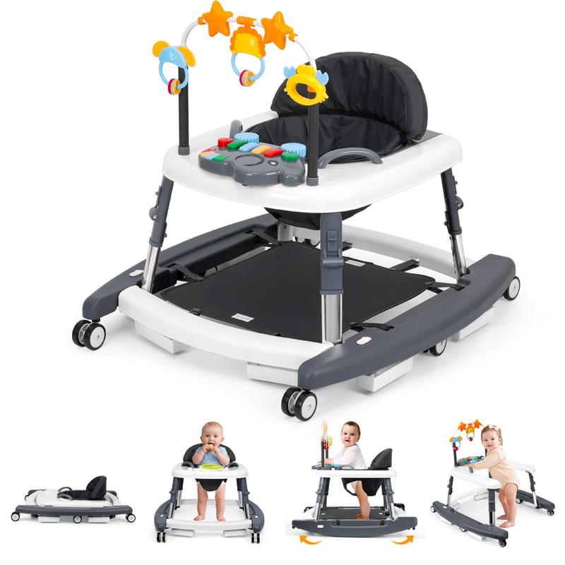 Andador unisex de plástico para bebés de 6 a 18 meses, andador plegable 5 en 1 con certificación de seguridad, 5 alturas ajustables, hamaca, música, bandeja de alimentación, reposapiés extraíble, andador inteligente portátil para niños y niñas.