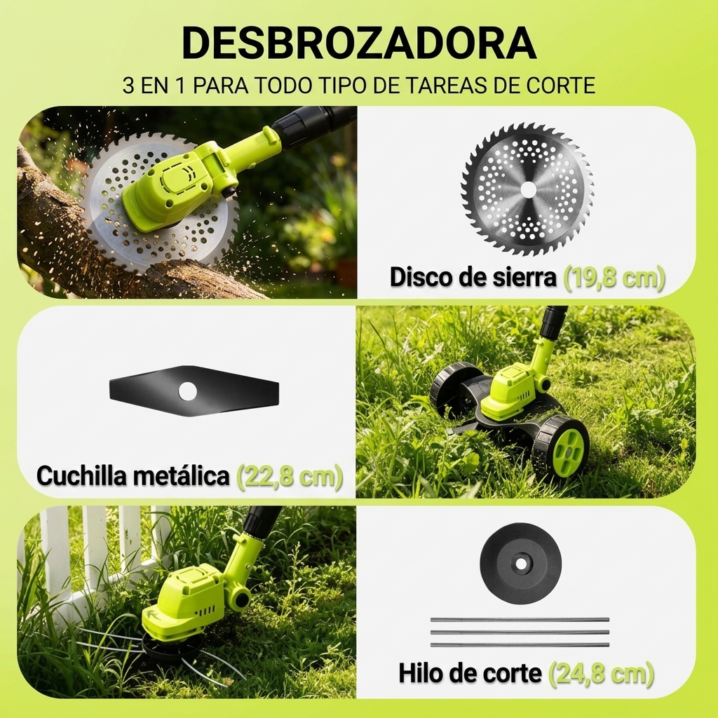 Cortabordes eléctrico inalámbrico, 3 accesorios de corte diferentes para recortar el césped y perfilar bordes, con 2 baterías y diseño ligero; ideal para patios y jardines.