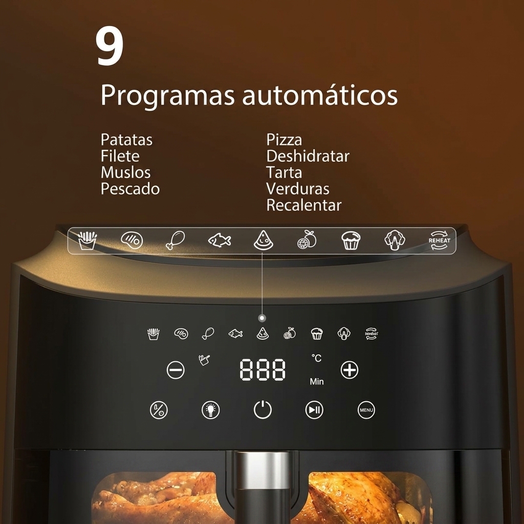 Freidora de aire potente de 9 L (XXL) con ventana transparente - Freidora de aire de 2350 W con circulación de aire a 360°, 9 programas automáticos