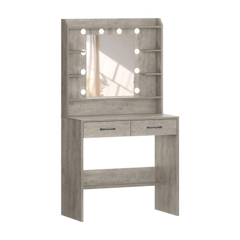 Mesa de maquillaje con espejo, con superficies de almacenaje y 2 cajones, para dormitorio y sala de estar, brillo ajustable