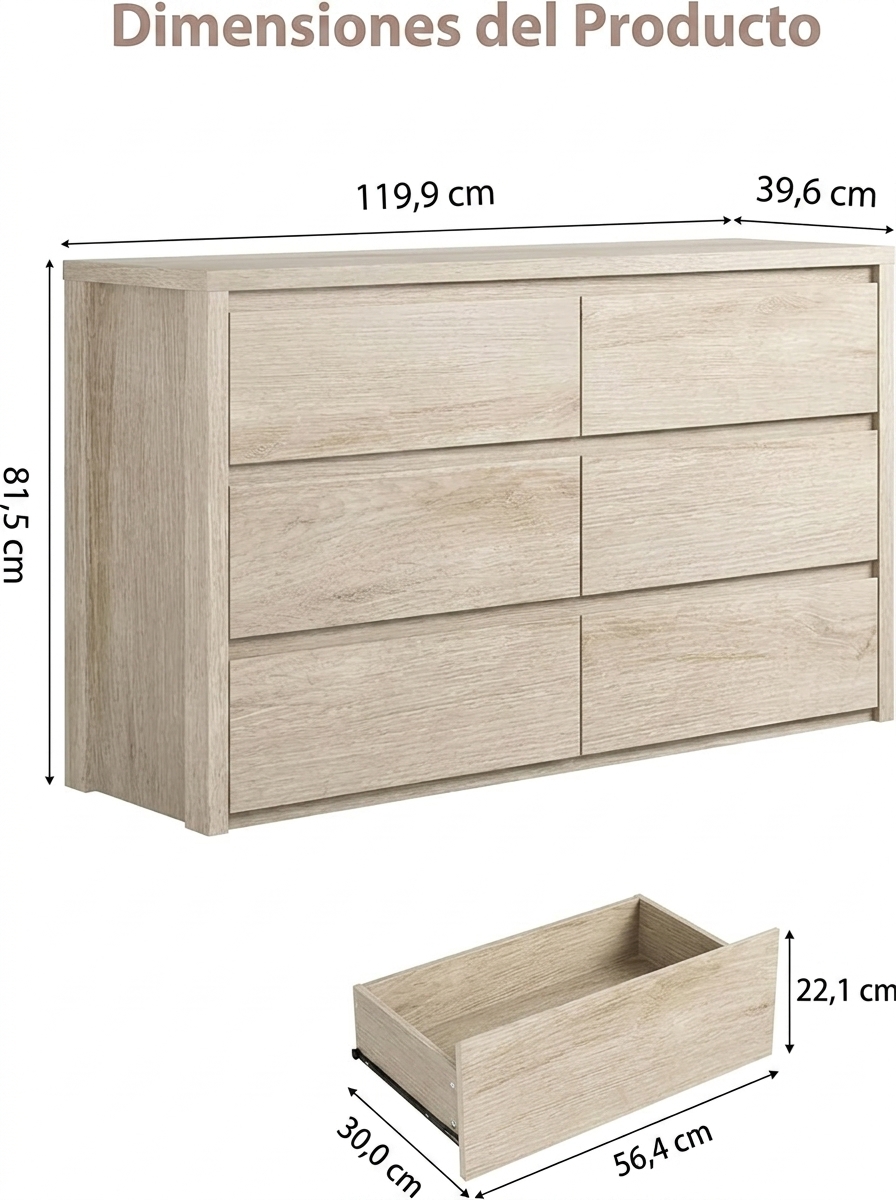 Cómoda de 6 cajones para dormitorio, cómoda ancha de madera sin tiradores, armario de almacenamiento moderno para sala de estar, pasillo o recibidor.