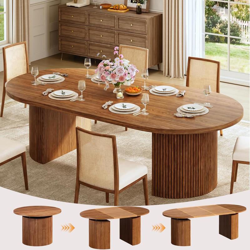 Mesa de Comedor de 180 cm para 6-8 Personas, Diseño Ovalado con Base de Listones de Madera, Mesa Moderna para Cocina, Salón o Comedor
