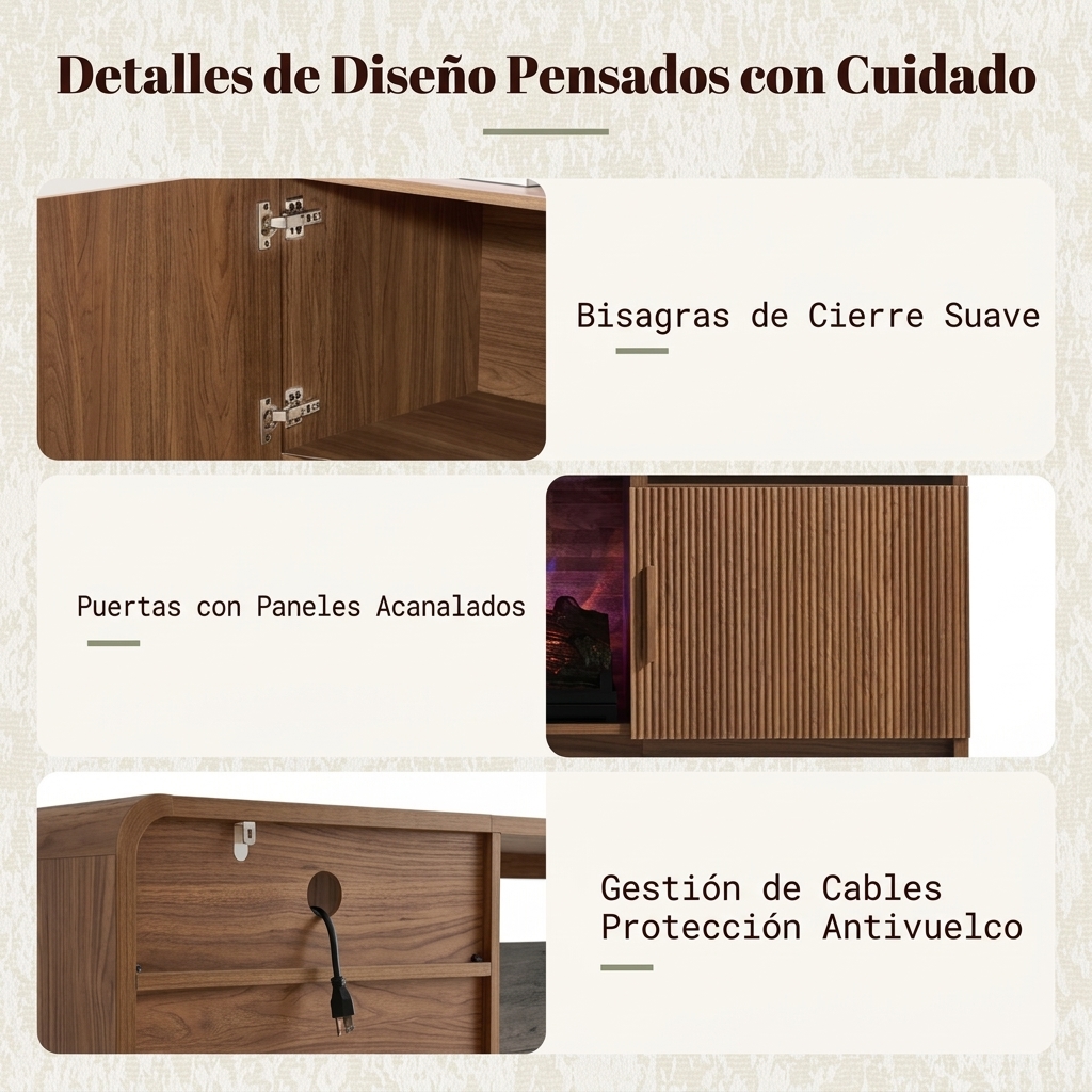 Mueble TV de 178 cm con Chimenea Eléctrica de 30", Diseño de Madera Estriada, Puertas y Armarios de Almacenamiento, para TV de hasta 80", Ideal para Salón