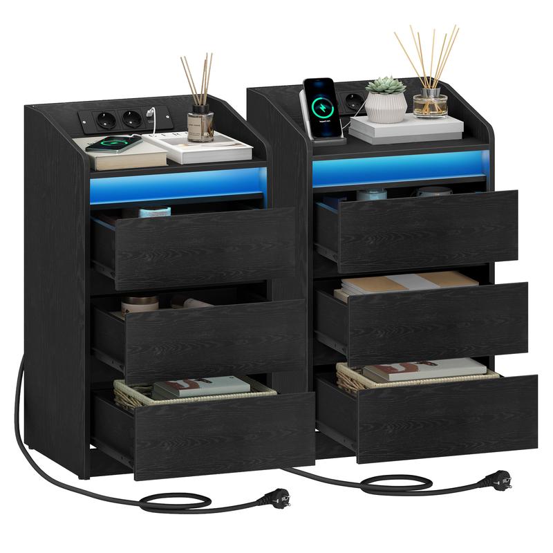 Tocador de noche con 3 cajones, mesita lateral con base de carga y LED, 2 enchufes de CA y 2 puertos USB para el dormitorio