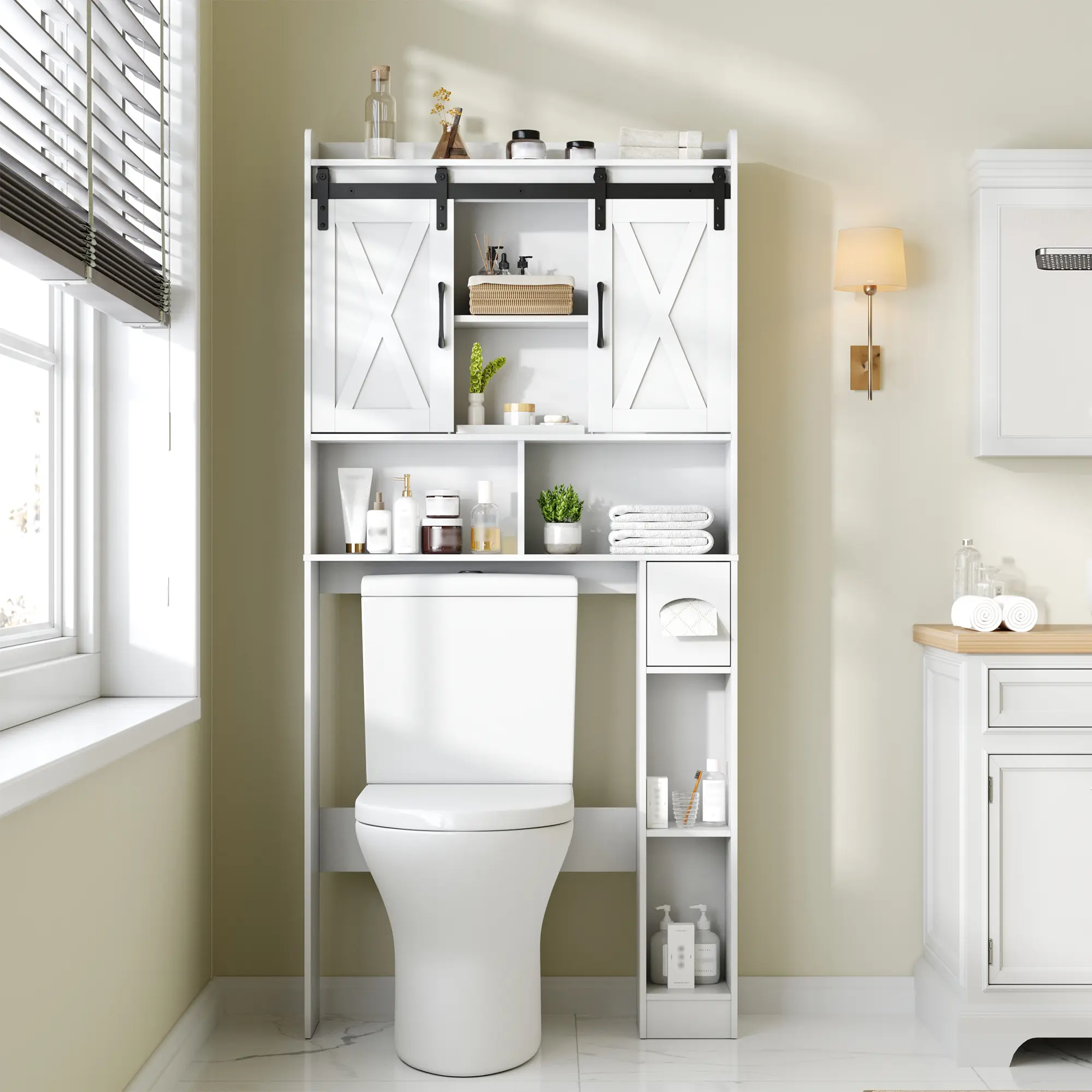 Mueble de almacenamiento para colocar sobre el inodoro, estilo casa de campo