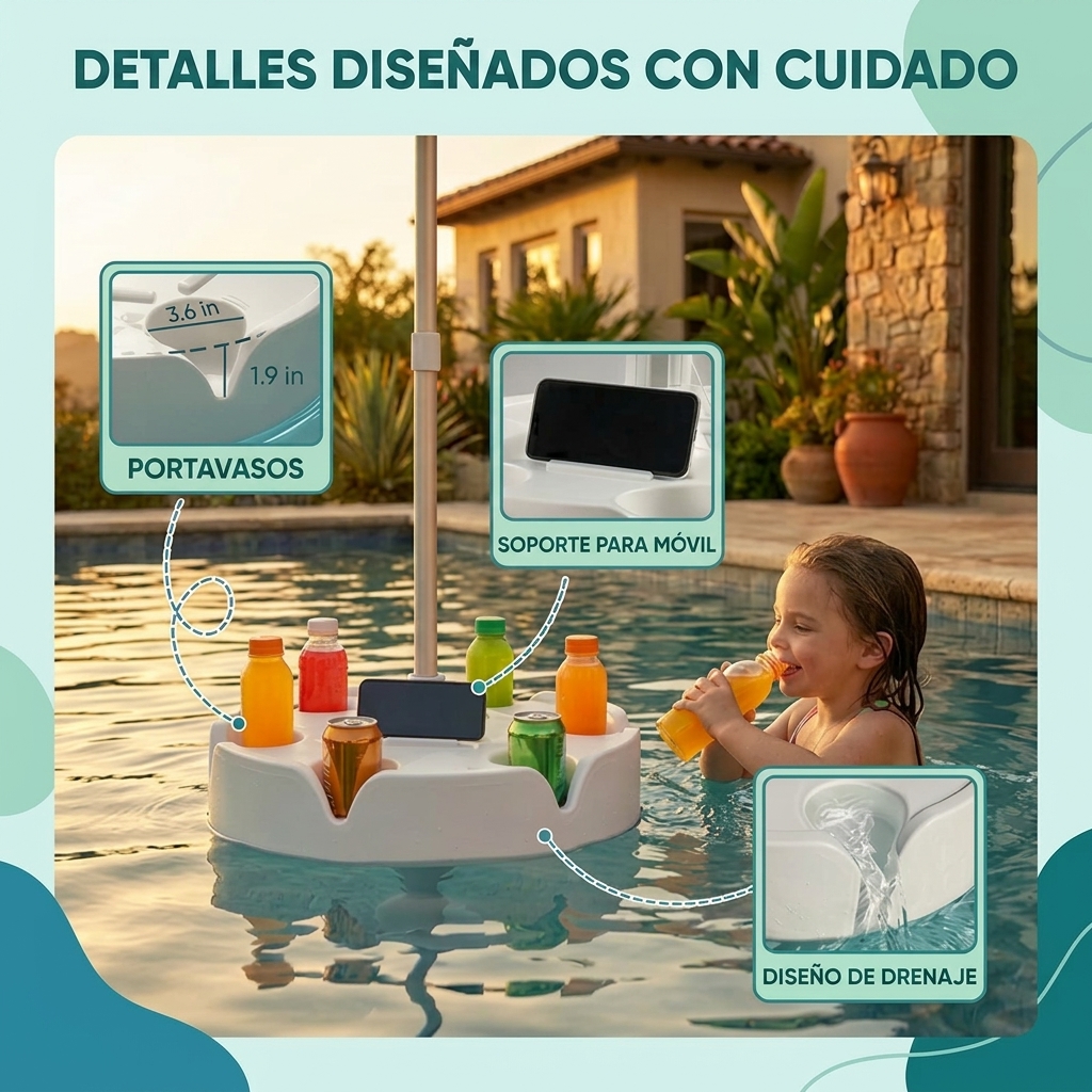 Sombrilla flotante para piscina con barra y base, sombrilla portátil para mesa de bar de piscina con portavasos y soporte para teléfono, sombra flotante para la piscina, incluye bolsa de transporte fácil, para el interior de la piscina, área de baño, casa