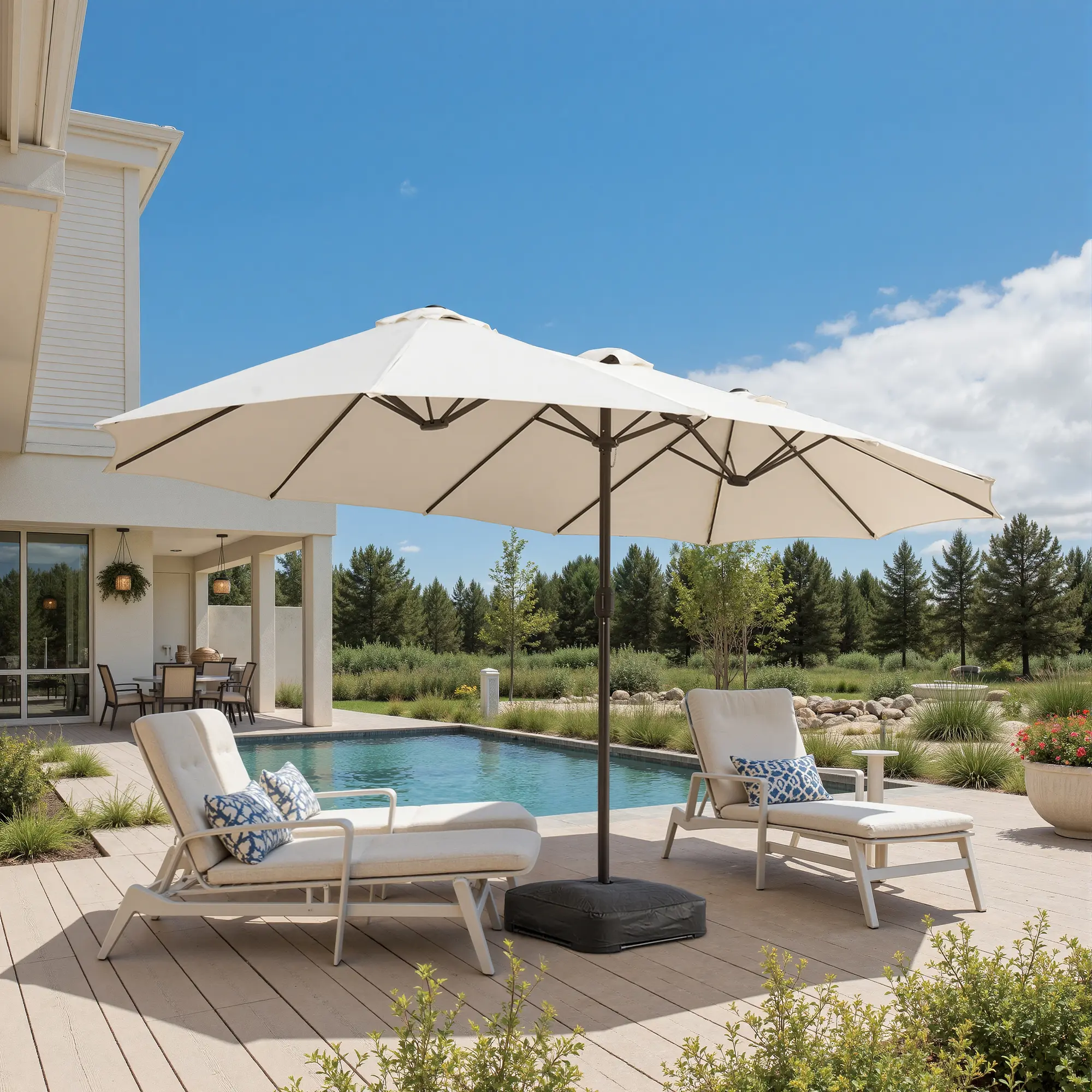 Sombrilla de patio de 15 pies con base: impermeable y ajustable-Envío gratis