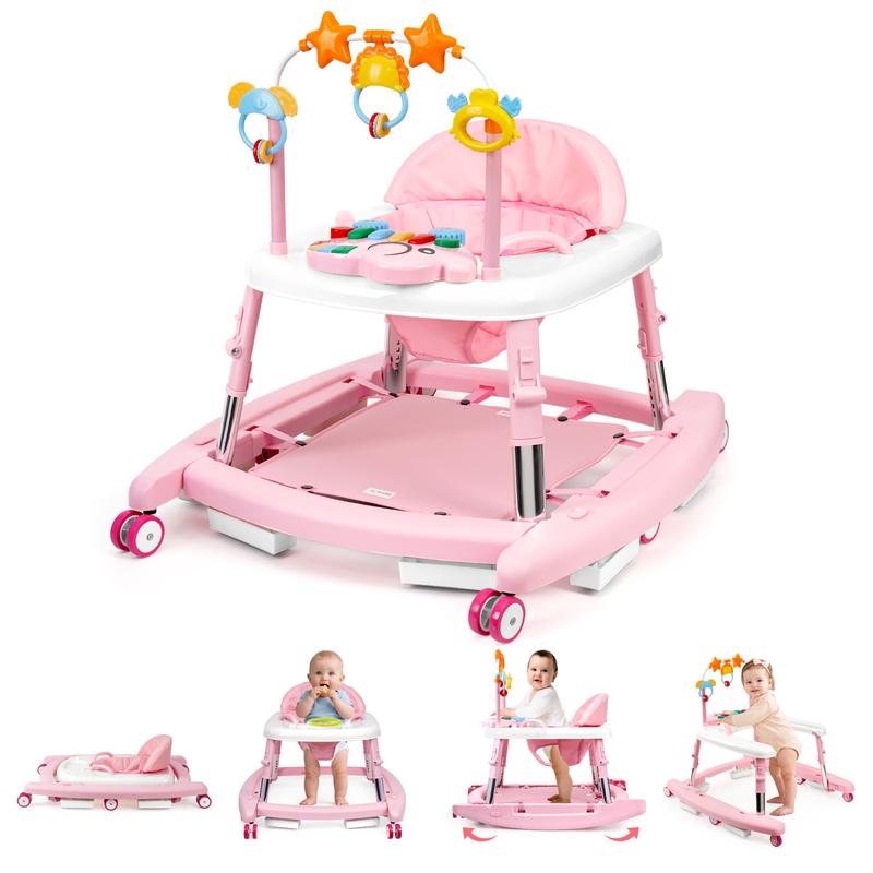 Andador unisex de plástico para bebés de 6 a 18 meses, andador plegable 5 en 1 con certificación de seguridad, 5 alturas ajustables, hamaca, música, bandeja de alimentación, reposapiés extraíble, andador inteligente portátil para niños y niñas.