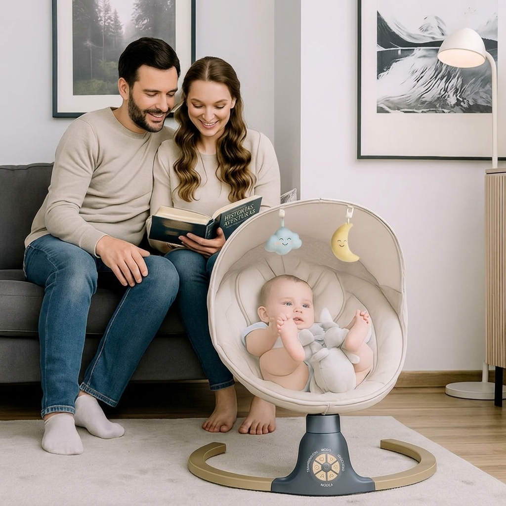 Silla Mecedora Eléctrica para Niños, Hamaca Bebé, Columpio Bebe, Hamaca eléctrica 0‑9 kg, Bluetooth, música, arnés 5 puntos, temporizador, Balancín cómodo y seguro