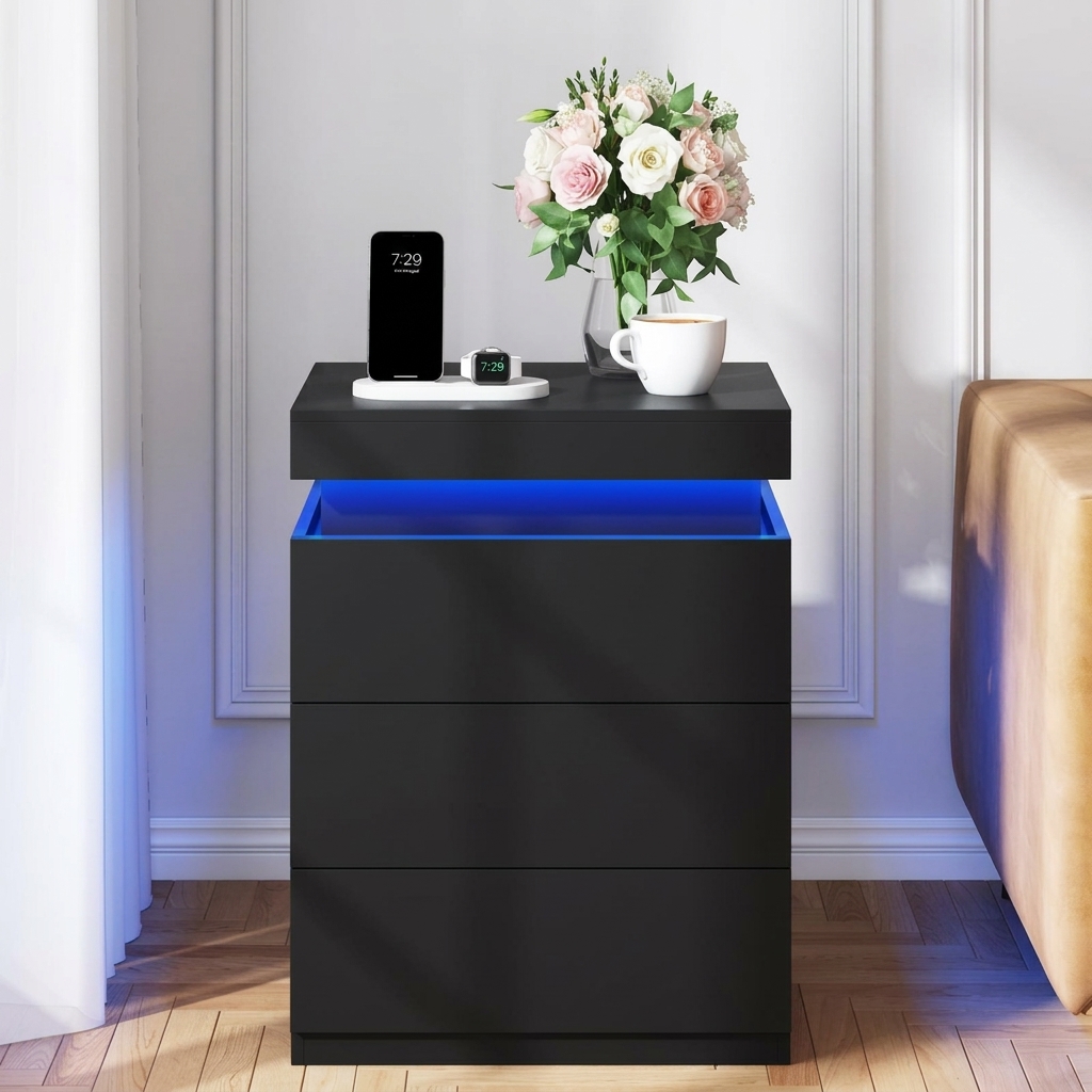 Mesita de noche con estación de carga y luces LED, mesa auxiliar con superficie deslizante para dormitorio, mesita de noche con cajones, mesa auxiliar moderna.