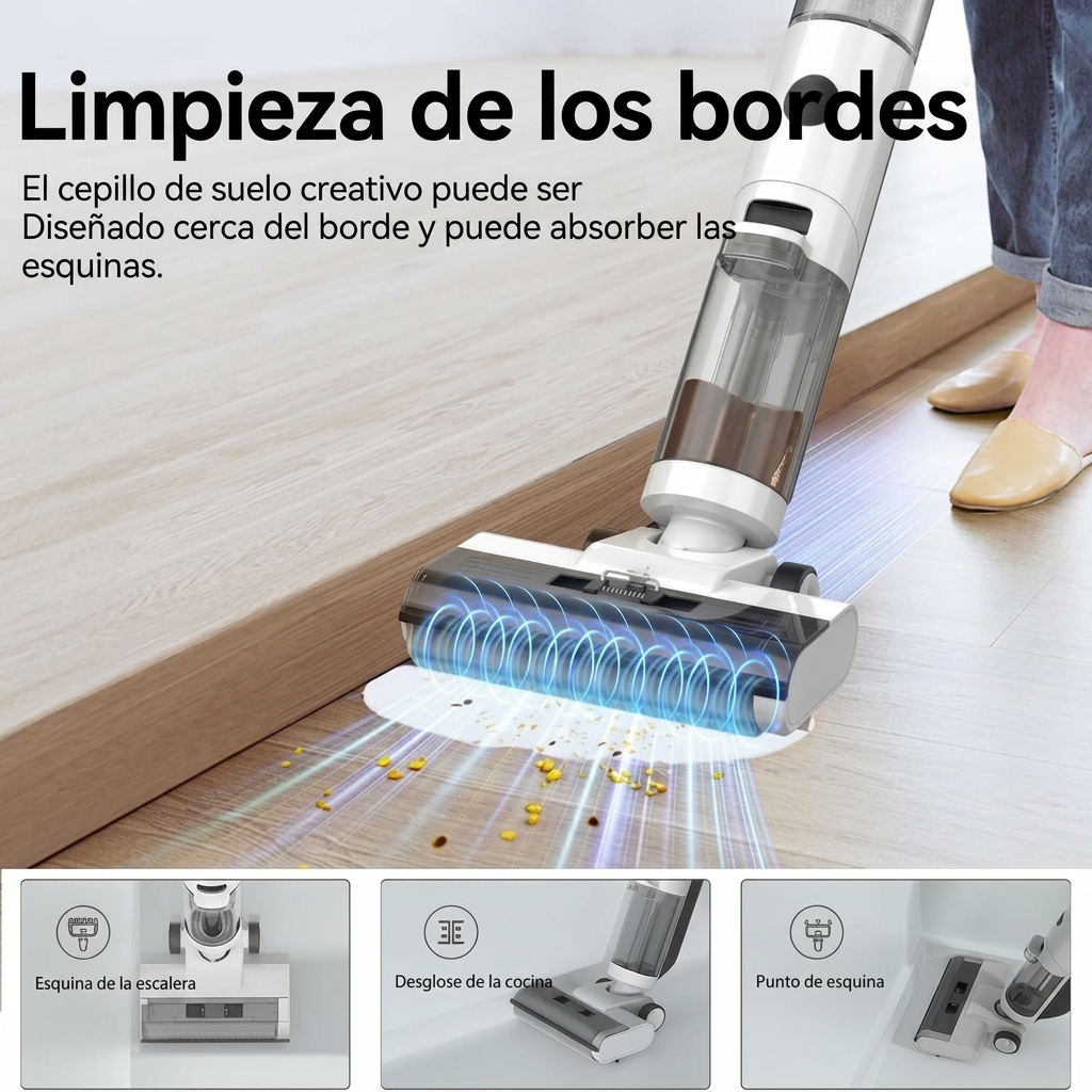 Aspiradora inalámbrica para sólidos y líquidos: fregadora de suelos inalámbrica para sólidos y líquidos, compatible con limpieza de bordes de 6 mm, autolimpiante, depósito de agua de 850 ml y función antienredos, adecuada para suelos duros y para limpiar 