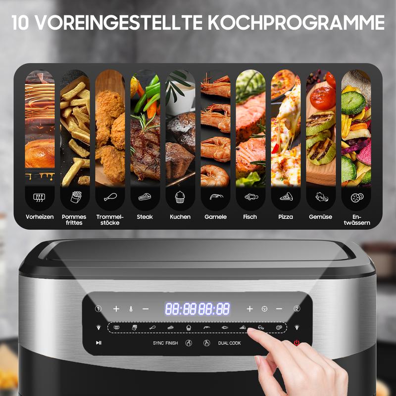 Freidora de aire XXL 12L con doble zona – 2600W Airfryer | Divisor extraíble y ventana de visualización | 10 programas automáticos con pantalla táctil LED | BBQ saludable sin aceite – Negro