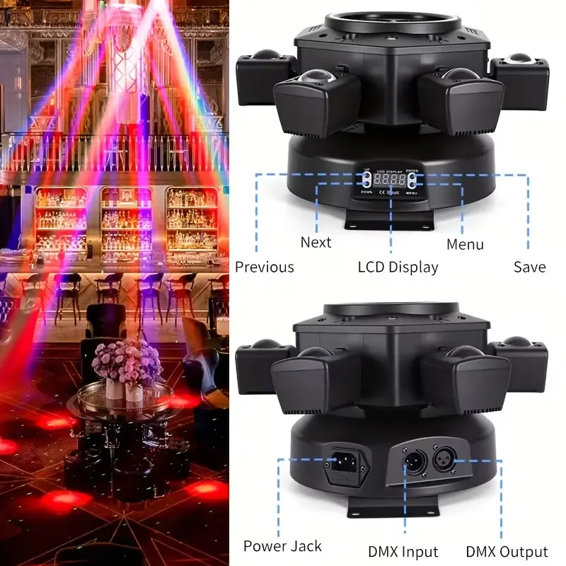 Cabeza móvil de DJ de 240 W con 8 brazos (luz de escenario RGBW), compatible con DMX-512 y control por voz: perfecta para fiestas, bodas y todo tipo de eventos.