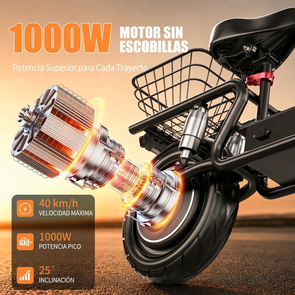 Patinete Eléctrico con Asiento para Adultos, Motor de hasta 1000W, Batería 48V 15Ah, Velocidad Máxima 40 km/h, Autonomía de hasta 56 km, Plegable y Portátil, con Cesta Trasera, Ideal para Compras, Recados, Paseos y Transporte Diario