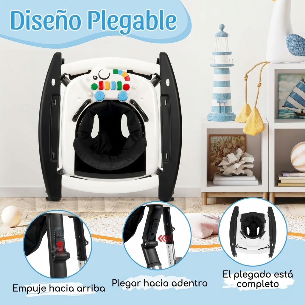 Andador unisex de plástico para bebés de 6 a 18 meses, andador plegable 5 en 1 con certificación de seguridad, 5 alturas ajustables, hamaca, música, bandeja de alimentación, reposapiés extraíble, andador inteligente portátil para niños y niñas.