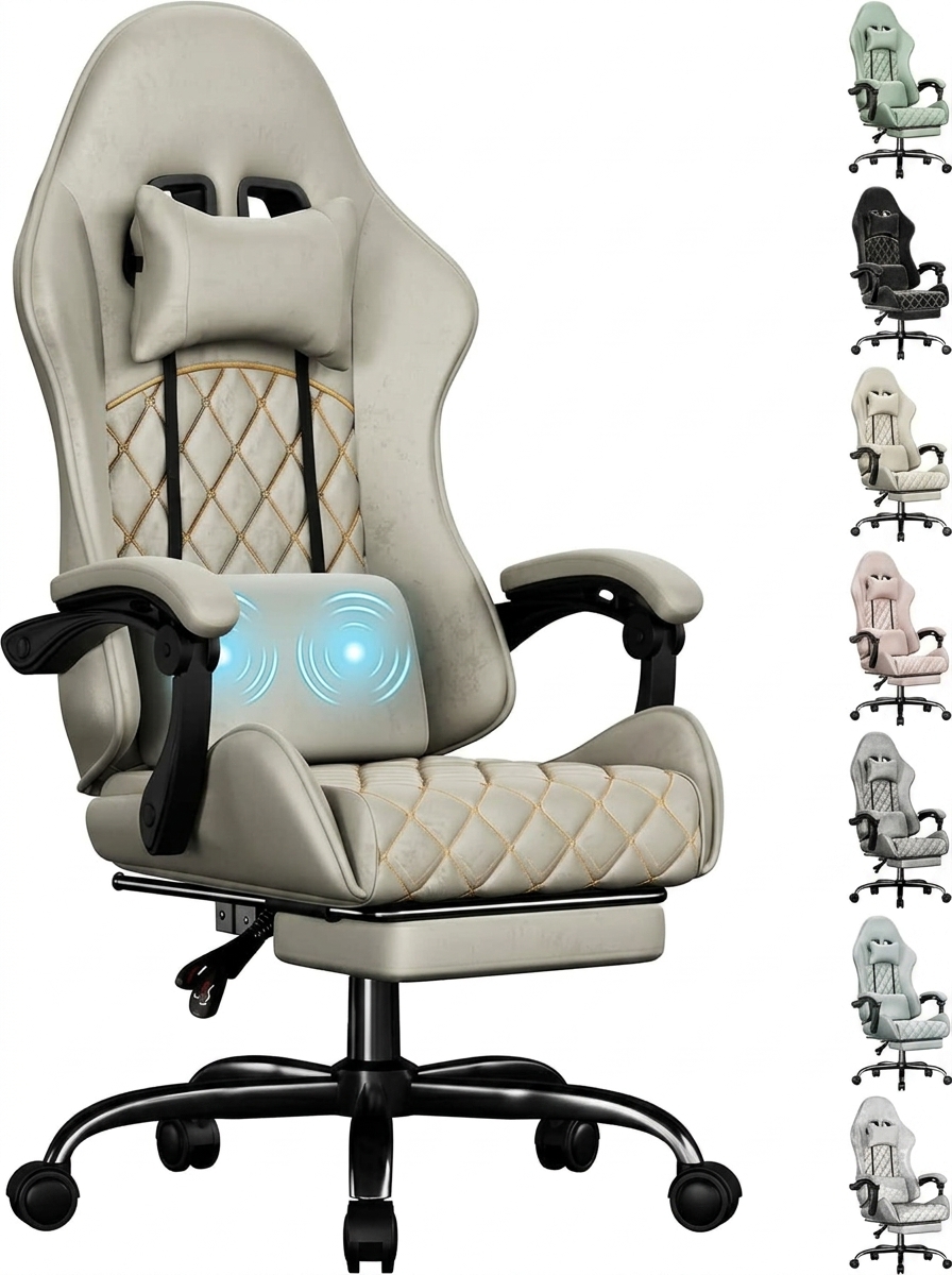 Silla gaming con función de masaje, imitación de ante transpirable, silla de oficina ergonómica con reposapiés, reposacabezas y cojín lumbar, silla para PC, amigable con la piel, duradera, espuma de alta densidad, certificada por SGS
