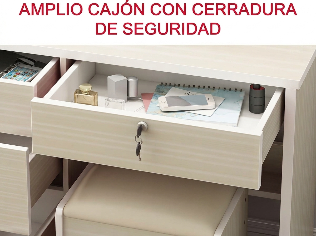 Tocador de maquillaje blanco con espejo y taburete – Mueble de tocador con cajones y estantes para cosméticos 80x36x131 cm