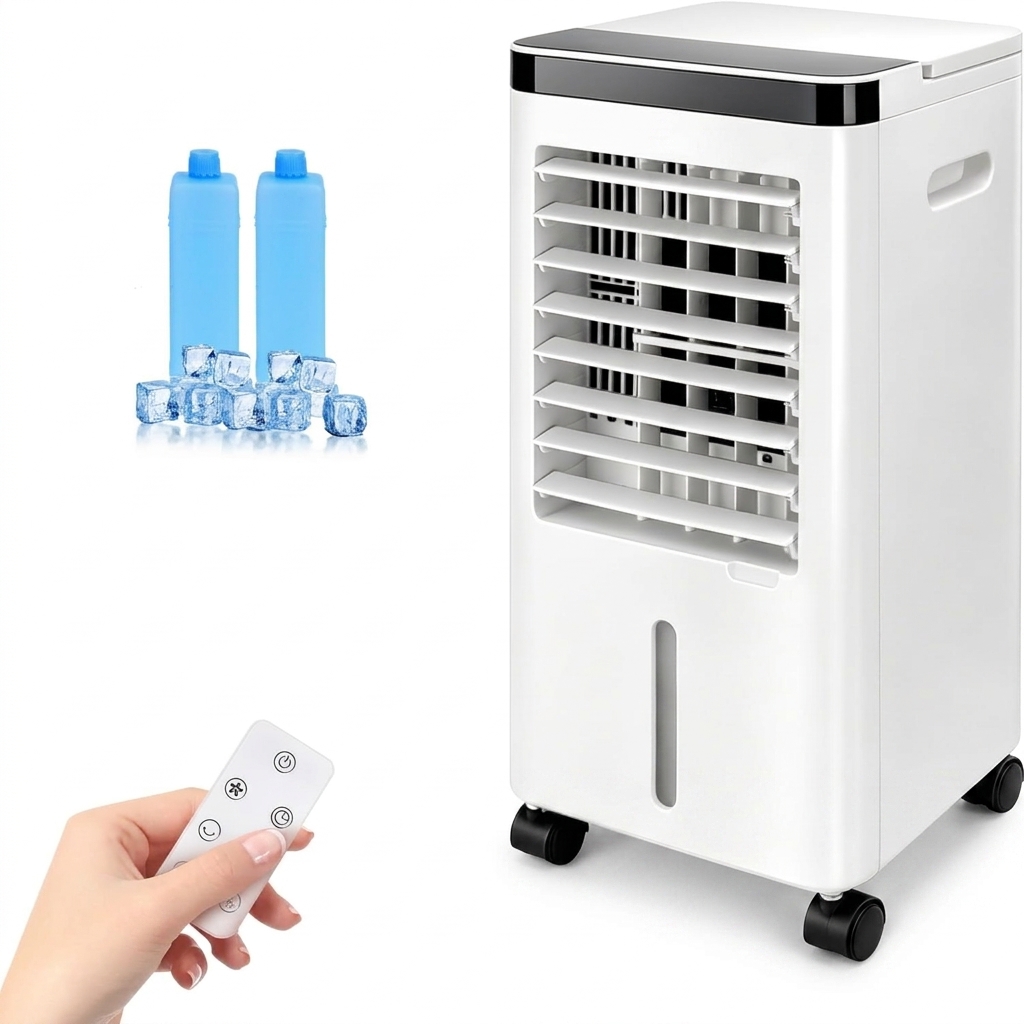 Ventilador con depósito de agua de 5L y 2 acumuladores de frío | 3 velocidades | Oscilación | Temporizador | Mando a distancia