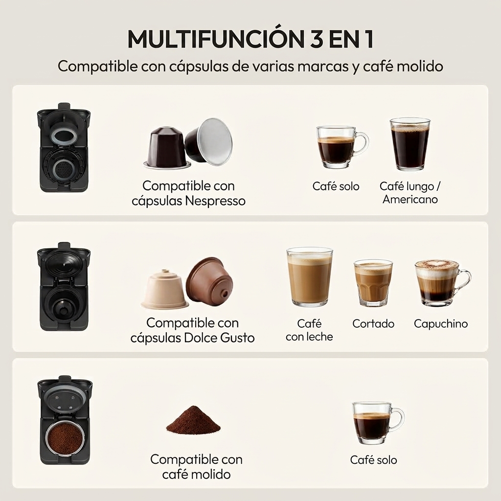 Cafetera Multicápsulas 3 en 1, Máquina de Café Compatible con Cápsula Nespresso, Dolce Gusto, ESE y Polvo, Depósito 920 mL, 20 bares de Presión, Autolimpieza y Precalentamiento, Negro Mate