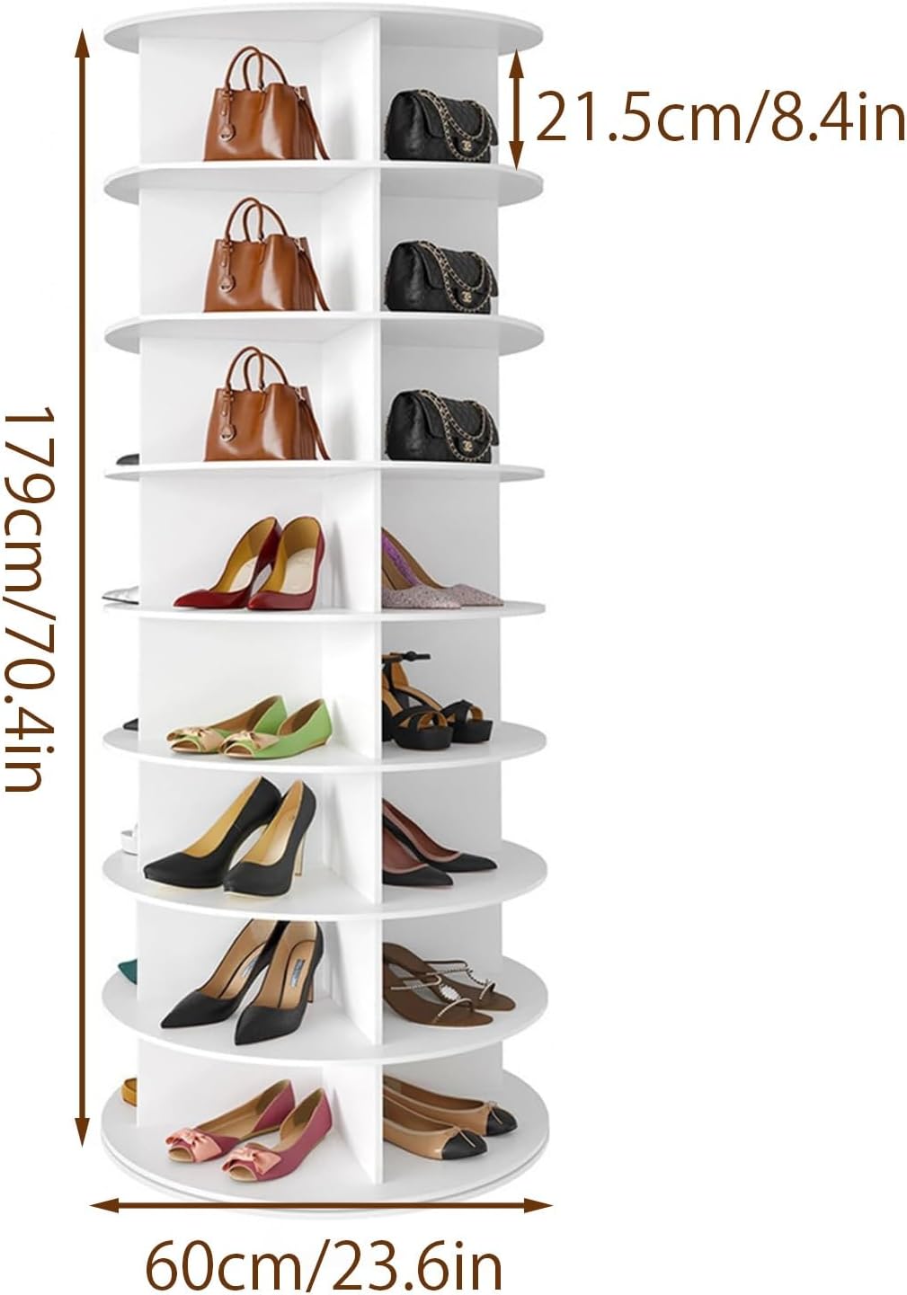 Zapatero giratorio de 360°, armario giratorio para zapatos de 7 niveles, 28 compartimentos, 147,4 × 59 cm, estante para zapatos que ahorra espacio, puede almacenar zapatos, bolsos y accesorios, blanco, adecuado para pasillos, dormitorios y armarios.