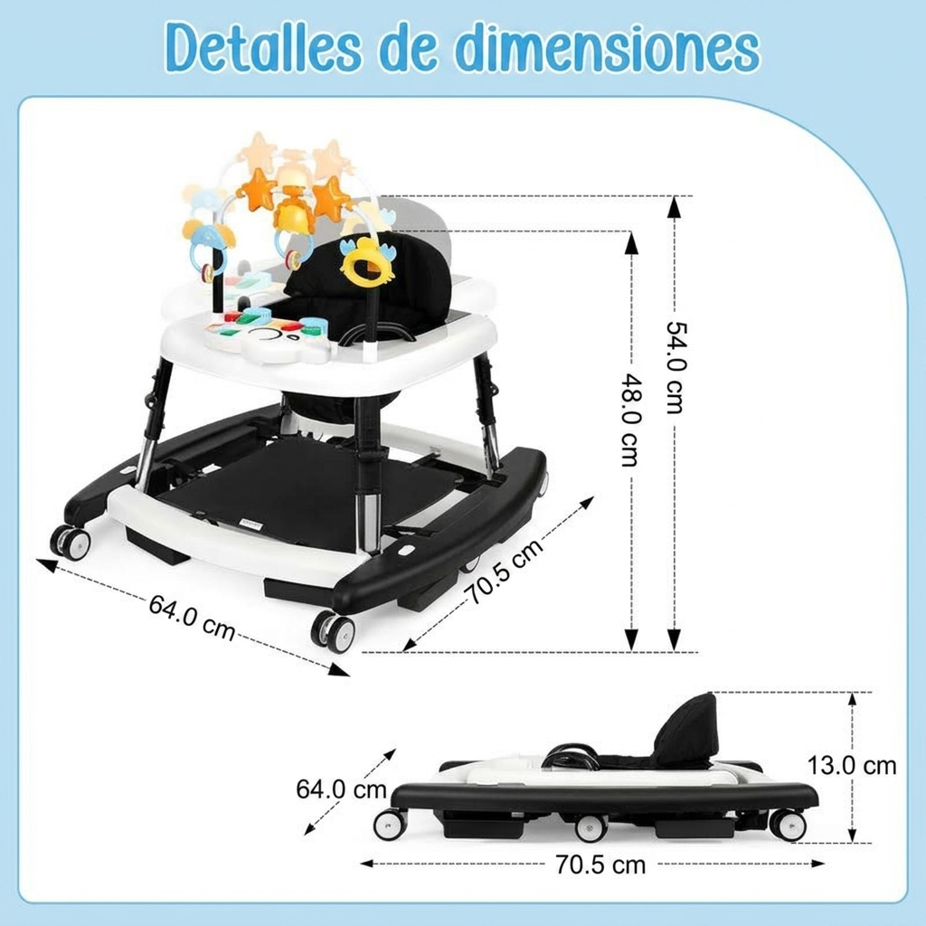 Andador unisex de plástico para bebés de 6 a 18 meses, andador plegable 5 en 1 con certificación de seguridad, 5 alturas ajustables, hamaca, música, bandeja de alimentación, reposapiés extraíble, andador inteligente portátil para niños y niñas.