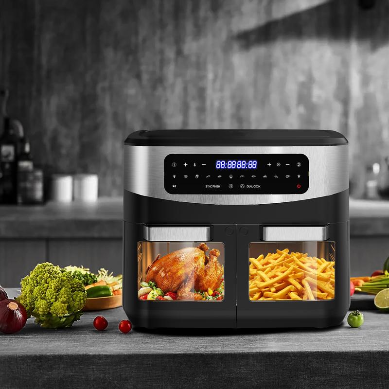 Freidora de aire XXL 12L con doble zona – 2600W Airfryer | Divisor extraíble y ventana de visualización | 10 programas automáticos con pantalla táctil LED | BBQ saludable sin aceite – Negro