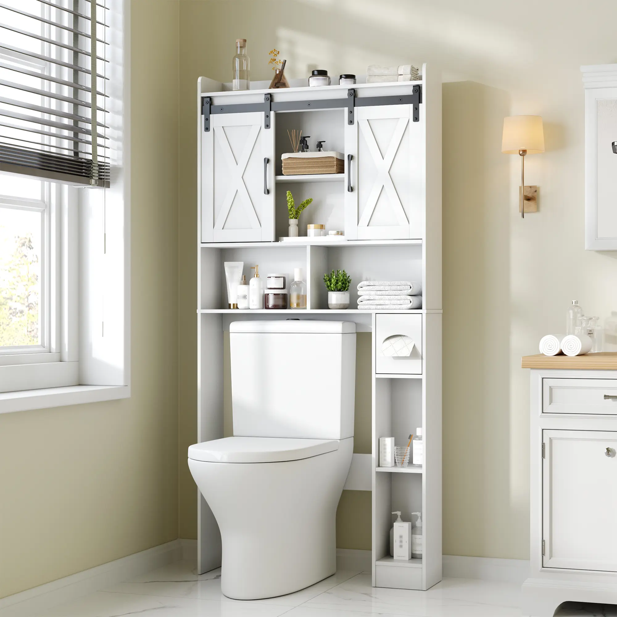 Mueble de almacenamiento para colocar sobre el inodoro, estilo casa de campo
