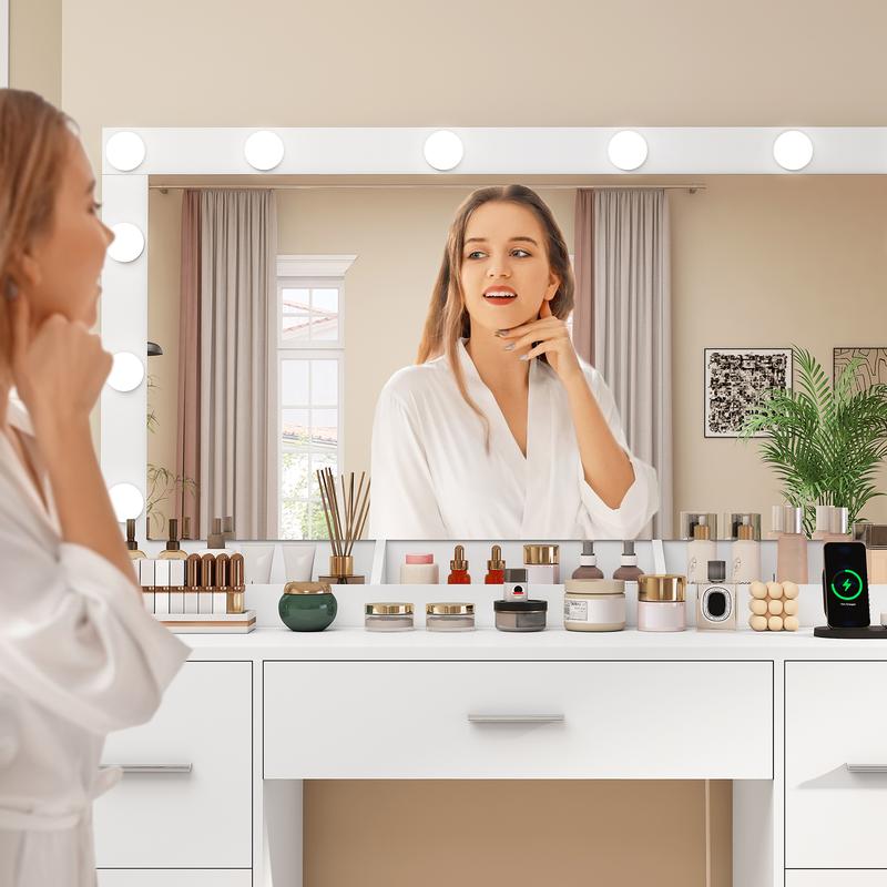 Moderno Tocadores de maquillaje con Espejo, 12 Luces LED Regulables, Tocador con Enchufes Eléctricos, 7 Cajones y 3 Bandejas de Maquillaje, Blanco