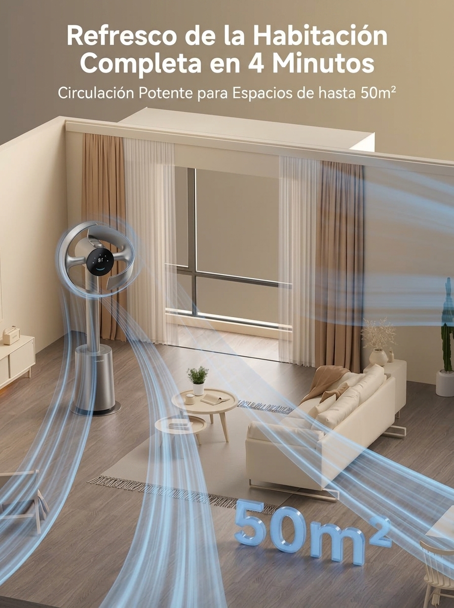 Ventilador de torre sin aspas de 270°, circulación de aire de 270° en toda la habitación, ventilador de suelo inteligente con función de sincronización de temperatura TempSync, tecnología de mejora del flujo de aire AirBoost, 10 velocidades, 3 modos, filt