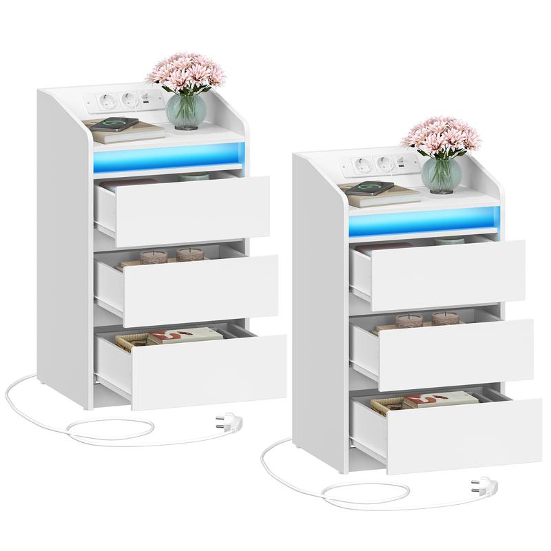 Tocador de noche con 3 cajones, mesita lateral con base de carga y LED, 2 enchufes de CA y 2 puertos USB para el dormitorio