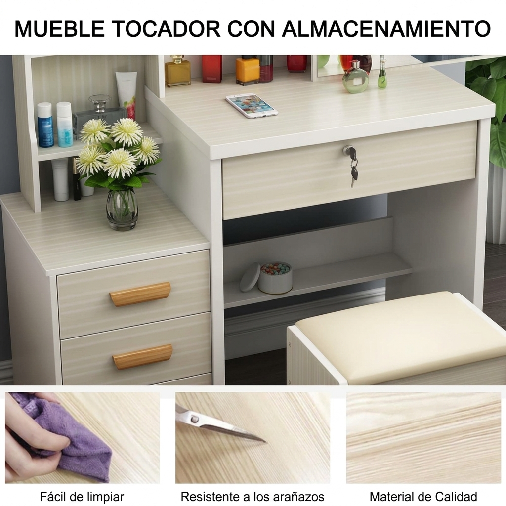 Tocador de maquillaje blanco con espejo y taburete – Mueble de tocador con cajones y estantes para cosméticos 80x36x131 cm