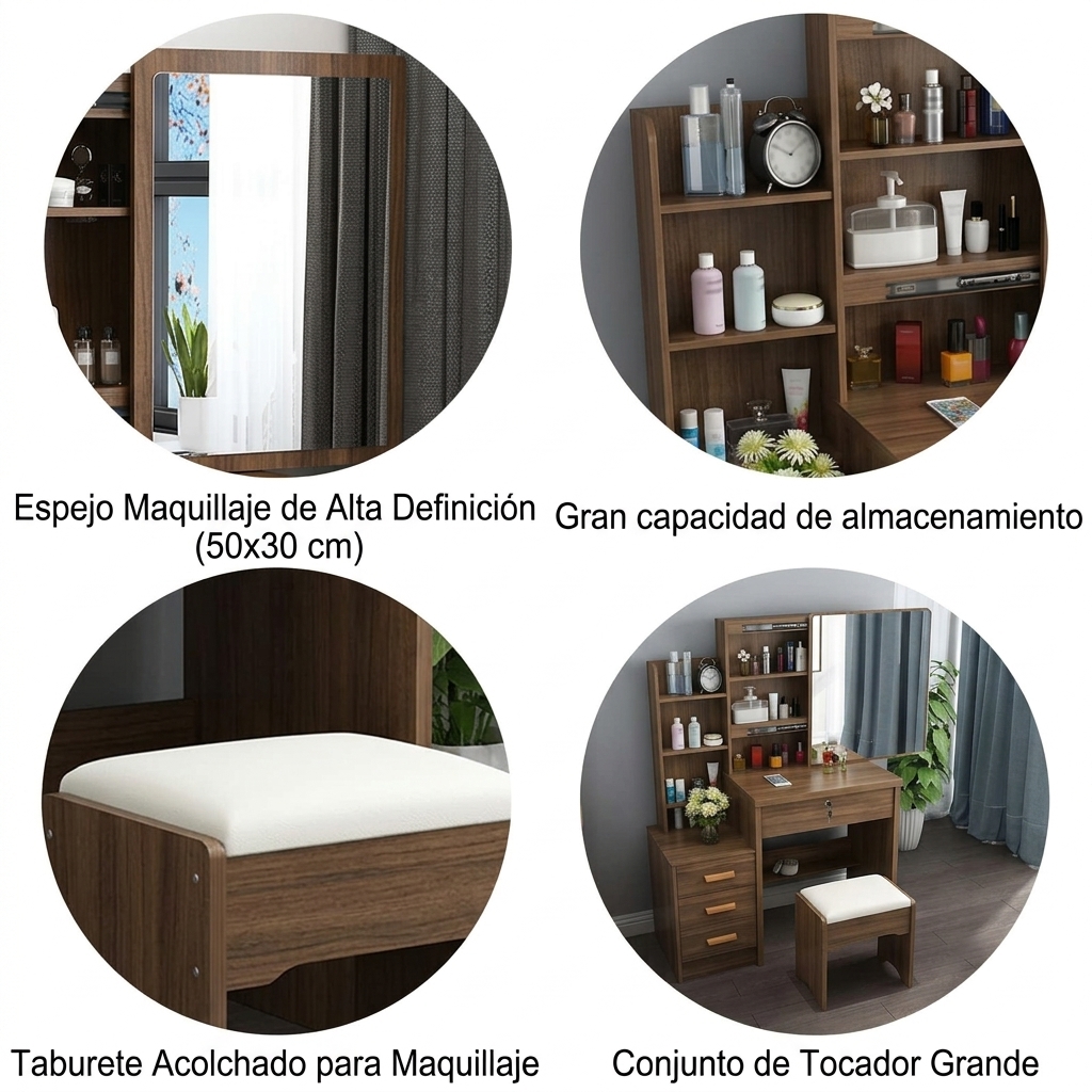 Tocador de maquillaje blanco con espejo y taburete – Mueble de tocador con cajones y estantes para cosméticos 80x36x131 cm