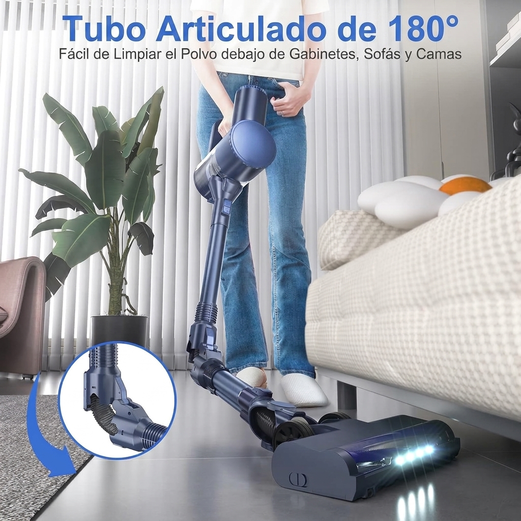 Esta aspiradora inalámbrica multifuncional cuenta con un diseño ligero y compacto, seis funciones en una, gran potencia de succión, mango plegable de 180° y es recargable. Es ideal para limpiar suelos de madera y pelo de mascotas.