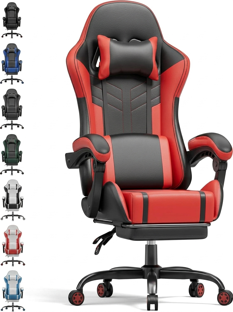 Silla Gaming con Masajeador, Silla Gamer con Cojín Lumbar Masajeador y Reposapiés, Sillón Gamer Ergonómica Altura Ajustable, Cadeira Gaming Negro y Verde