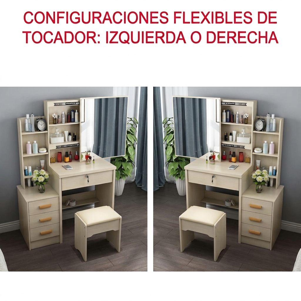 Tocador de maquillaje blanco con espejo y taburete – Mueble de tocador con cajones y estantes para cosméticos 80x36x131 cm