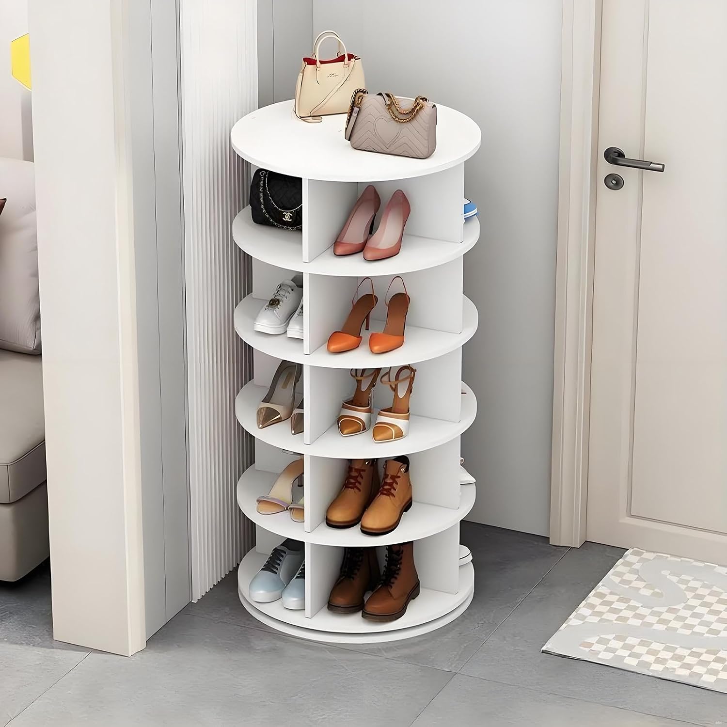 Zapatero giratorio de 360°, armario giratorio para zapatos de 7 niveles, 28 compartimentos, 147,4 × 59 cm, estante para zapatos que ahorra espacio, puede almacenar zapatos, bolsos y accesorios, blanco, adecuado para pasillos, dormitorios y armarios.