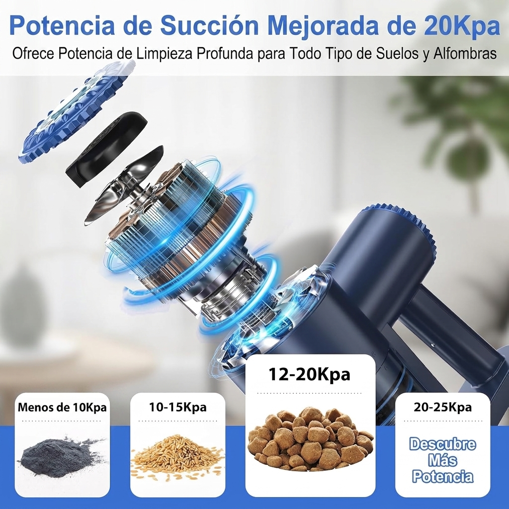 Esta aspiradora inalámbrica multifuncional cuenta con un diseño ligero y compacto, seis funciones en una, gran potencia de succión, mango plegable de 180° y es recargable. Es ideal para limpiar suelos de madera y pelo de mascotas.