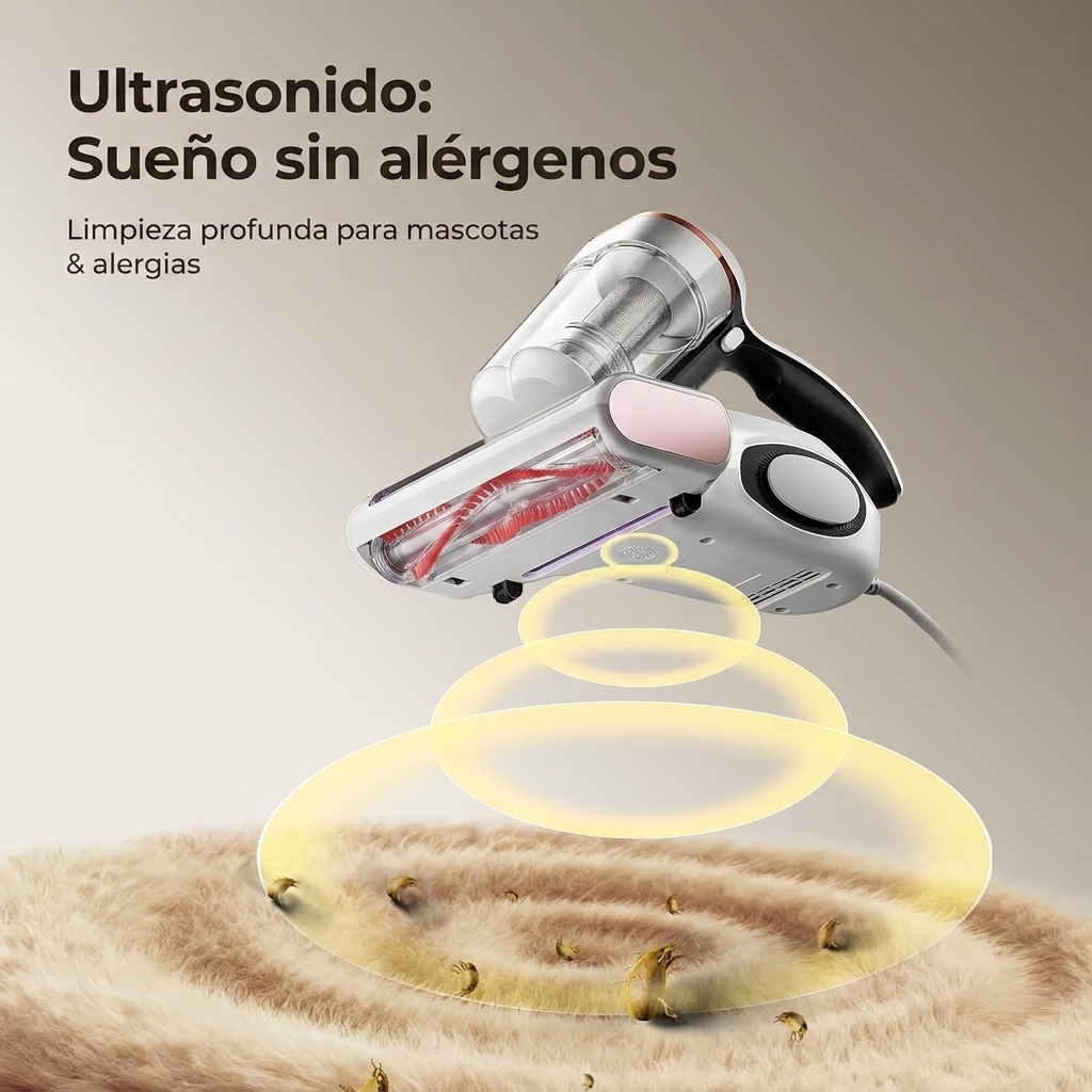 Aspiradora de ácaros con sensor de ácaros y pantalla LED inteligente, aspiradora de polvo de ácaros de 500 W con luz UV y ultrasonido, para alérgicos, elimina el 99,9 % de los alérgenos de colchones, camas y sofás