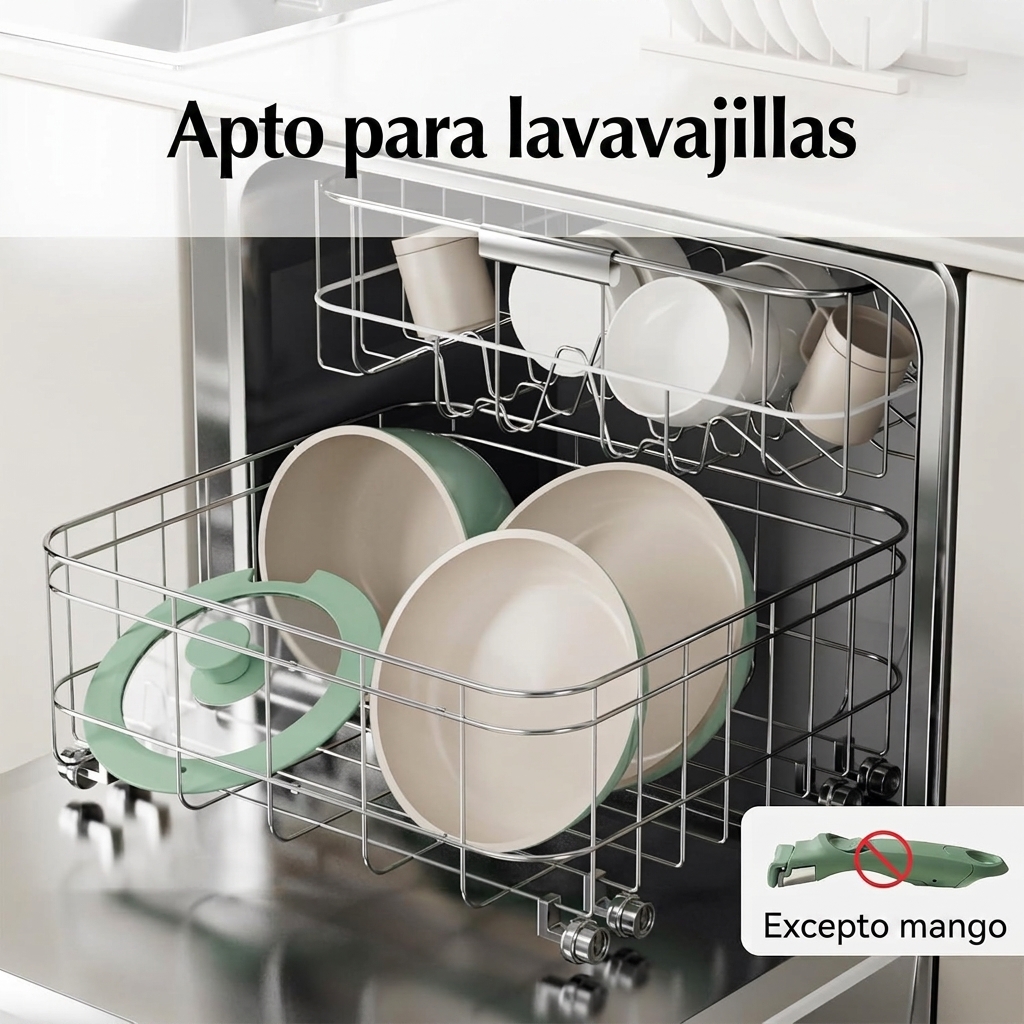 Set de sartenes y ollas, 16 pzas, antiadherente de cerámica, con asas desmontables; sartén 20/26 cm, sartén profunda 26 cm, olla 18/20 cm; set de ollas apilable para todas las cocinas, apto para horno