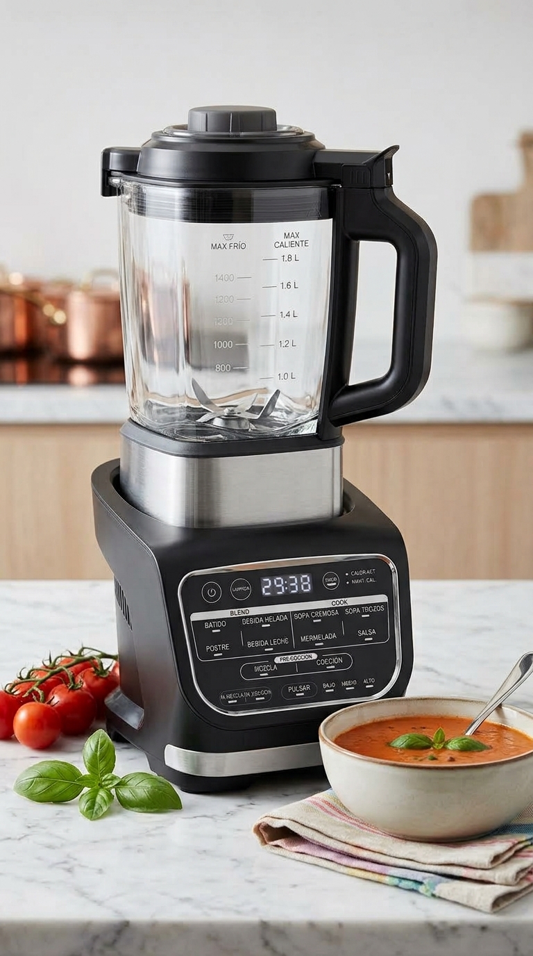 Batidora de Vaso de Cristal y Sopera Eléctrica 1000W, Batidora Caliente y Fría para Sopas, Cremas, Smoothies y Bebidas, Jarra de Cristal para Cocina, Ideal para Comidas Caseras