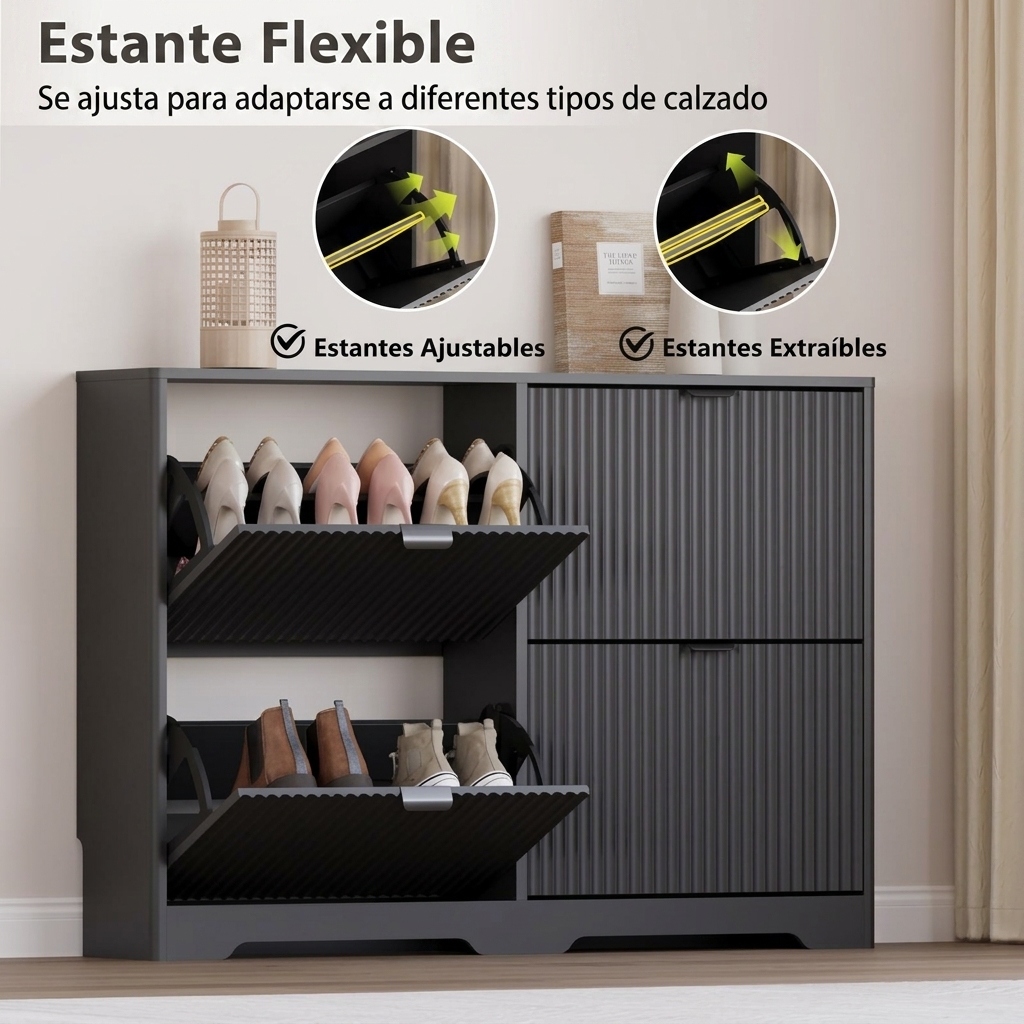 Zapatero para recibidor con 4 cajones abatibles, zapatero negro estriado con estantes ajustables, zapatero de madera oculto, independiente, estrecho y delgado, para pasillo, entrada, artículos esenciales para dormitorios, decoración del hogar
