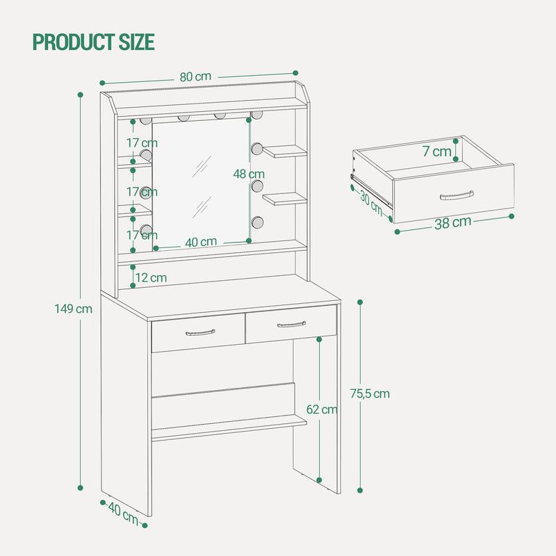 Mesa de maquillaje con espejo, con superficies de almacenaje y 2 cajones, para dormitorio y sala de estar, brillo ajustable