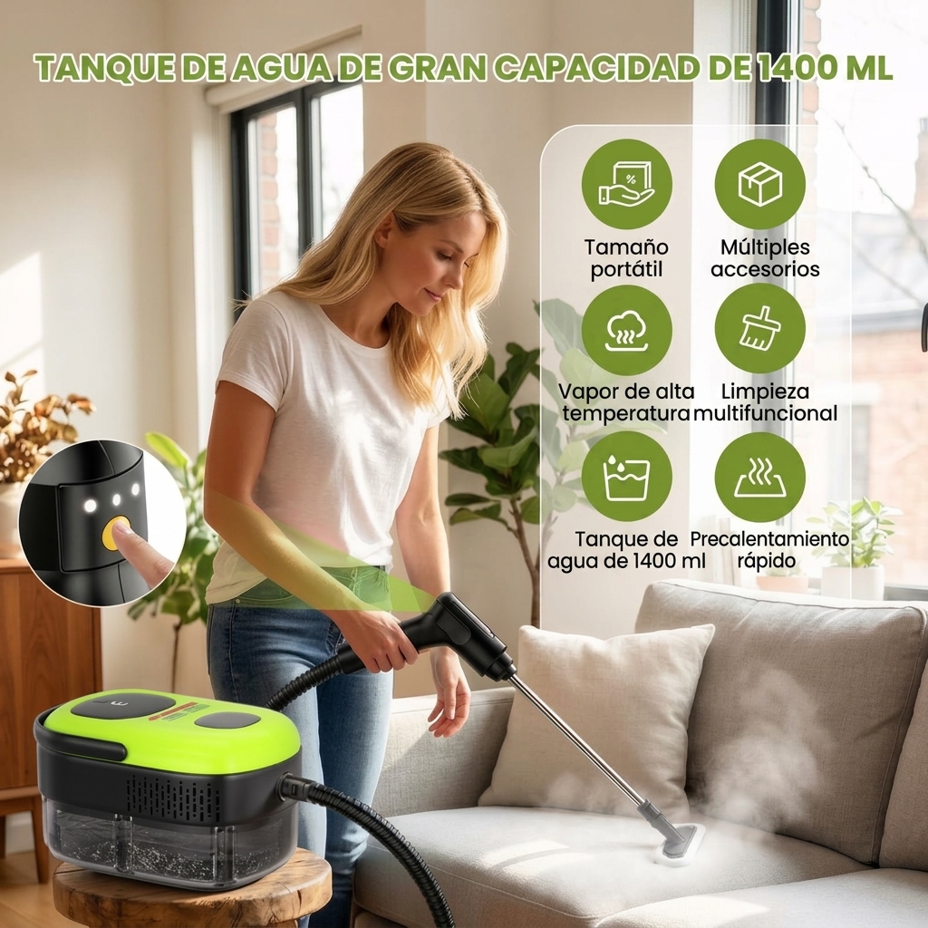 Limpiador a vapor para el hogar y el automóvil, 1500 W de potencia, 3 velocidades ajustables, gran capacidad de 1,4 L, calentamiento rápido, limpiador a vapor portátil, incluye 15 accesorios, se puede utilizar para limpiar automóviles, pisos, baños, venta